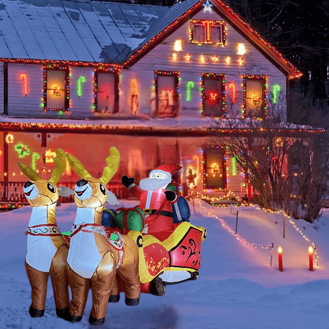 7 FT Inflatable Christmas Santa Claus Driving Reindeers pull Sleigh - WINFAR INC