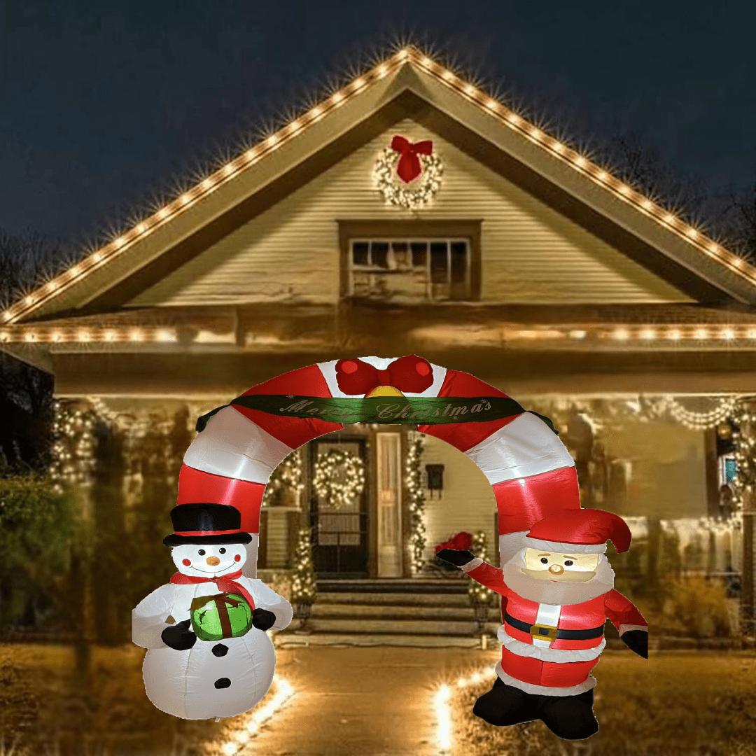 Christmas Santa Claus and Snowman Archway 9 Foot Tall, LED Lights Outdoor Indoor Holiday Inflatable Arch, Giant Lawn Home Party - WINFAR INC